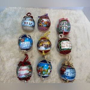 Lot of 9~ Vintage styrofoam hand beaded push pin Christmas ornaments